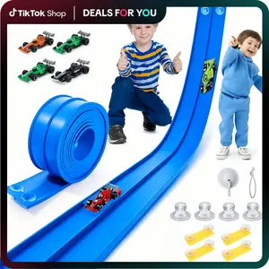 Hotfree 15Ft Flex Tracks Race Car Ramp Set, Slot Car Race Tracks, STEM Flexible Racetrack with 4 Mini Cars, 12 Suction Cups & Hook, Compatible with Hot Wheels & 1:64 Diecast Cars, Portable Roll-Up Track, Birthday & Christmas Gift for Kids Ages 3+ Figures