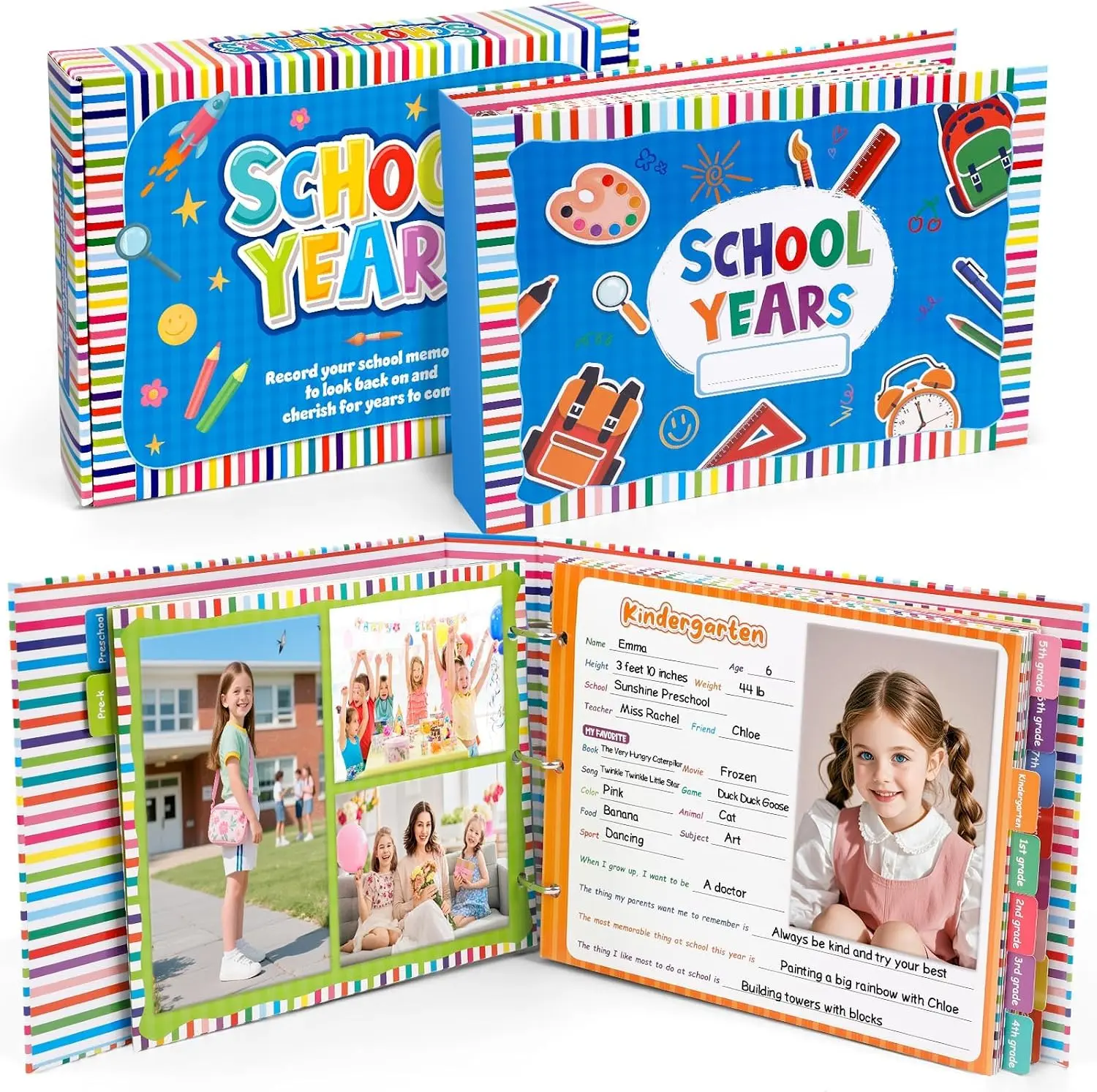 Kids' School Memory Book Scrapbook with Paper Pages, Photo Album & Keepsake Pocket for Preschool to 12th Grade, School Days Memory Recorder
