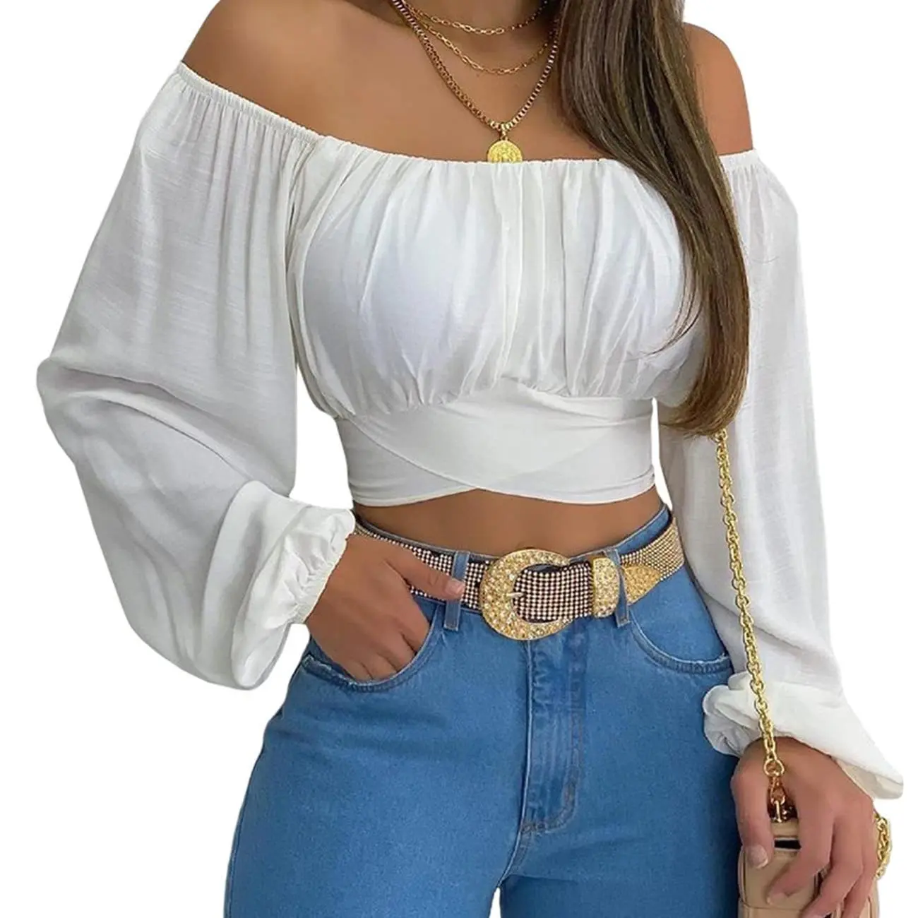 Tankaneo Woman Off Shoulder Ruched Tie Back Crop Top Summer Lantern Sleeve Boho Shirt Blouse Soft Polyester