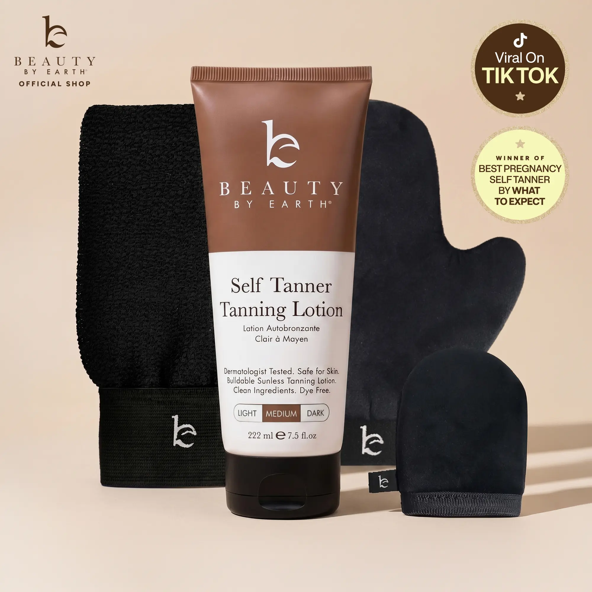 Beauty by Earth Self Tanner Body Lotion Kit - Flawless Sunless Tanning Lotion with 3 Piece Applicator Set for Streak-Free Bronzed Golden Hydrating Moisturizing Formula Made in USA Sensitive Skin Moisture Coconut