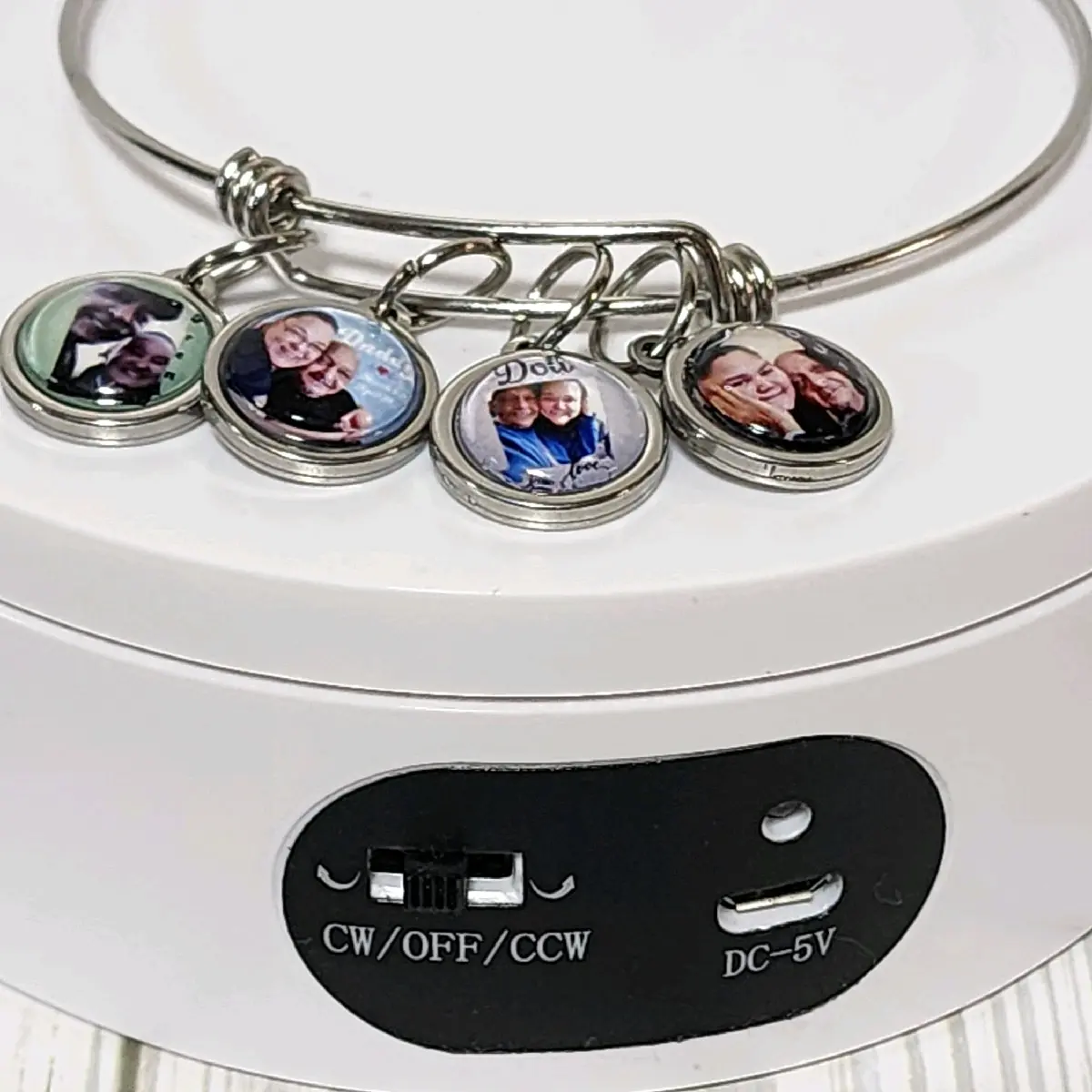 Personalized Photo Charms on Bangle Bracelet - Adjustable Design with Accent Charms for Versatile Wear