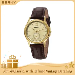 BERNY Gold Watches for Women Vintage Round Dial Famale Wristwatch Analog Quartz Watch Daily 30M Water Resistant Stainless Steel Genuine Leather Strap Classic Retro Business Dress Watch Couple Gift for Birthday, Reloj de Mujer, Mother's Day Gift