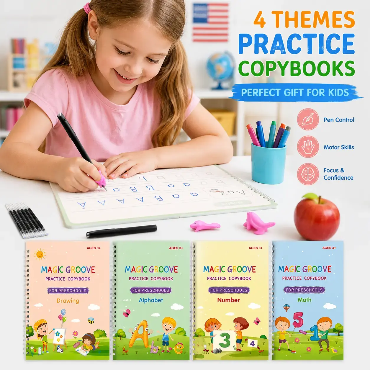 Magic Grooved Handwriting Practice Books for Kids Ages 3-6, 4 Pack Reusable Tracing Workbook Set with Letters, Numbers, Math & Drawing, Preschool Learning Activity Toys