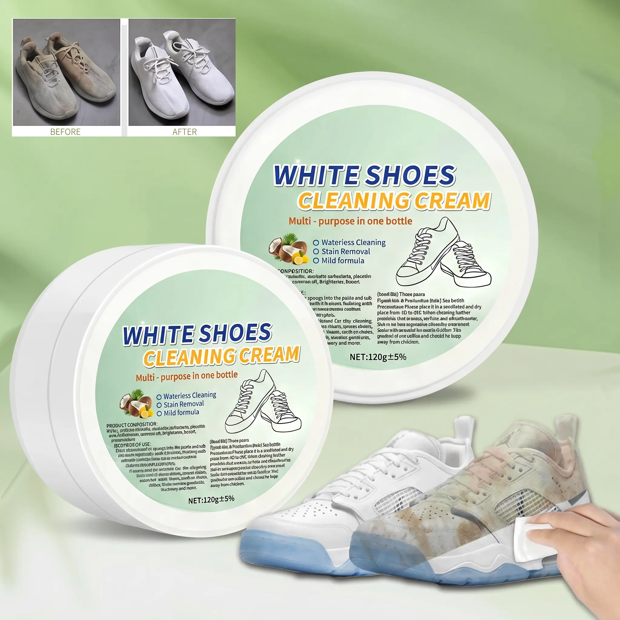 Portable White Shoe Cleaning Cream with Sponge Applicator - Waterless Footwear Care Stain Remover, Anti-Stain Gunk Removal Cleaner for Leather Upholstery