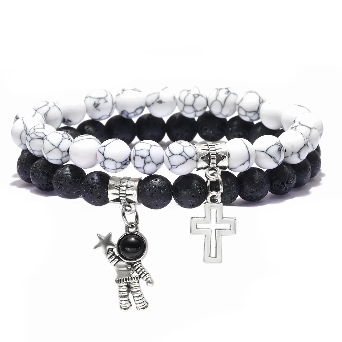 Men’s & Women’s Fashion 1-Set Stretch Bracelets - Natural White Turquoise, Black Lava Rock Beads, Astronaut-Cross Charm Wristbands, Bracelets for Women, Adult Space Faith Jewelry for Daily Wear, Birthday Gifts, Exquisite Bracelet, Copper Metal