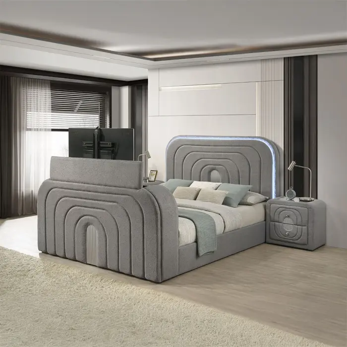 Acme BD05652Q Shelyn Grey Teddy Bear Sherpa Fabric Upholstered Queen Bed Set - LED Lights, Fireplace, TV Lift, Queen Size Mattress, for Adults' Bedroom Decor