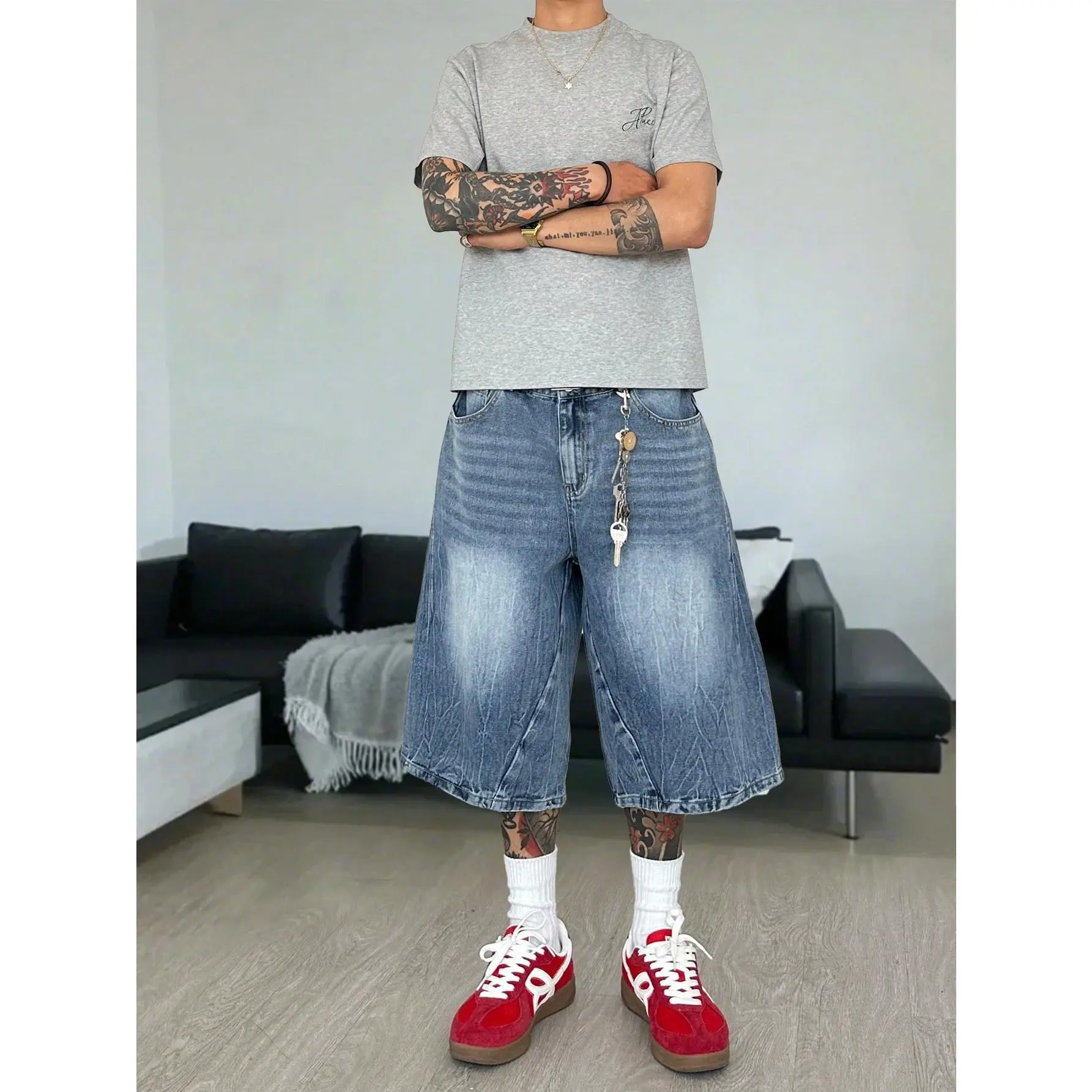 Ombre Pocket Casual Loose Fashionable Denim Shorts Jorts Tropical Street Hang Out College Sport