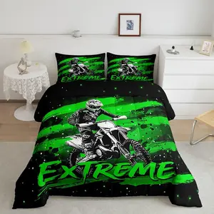 Dirt Bike Comforter Set Kids Extreme Sports Bedding Set for Boys Girls Teens Adults,Green Motorcycle Rider Duvet Quilt Breathable Soft Lightweight Room Decor