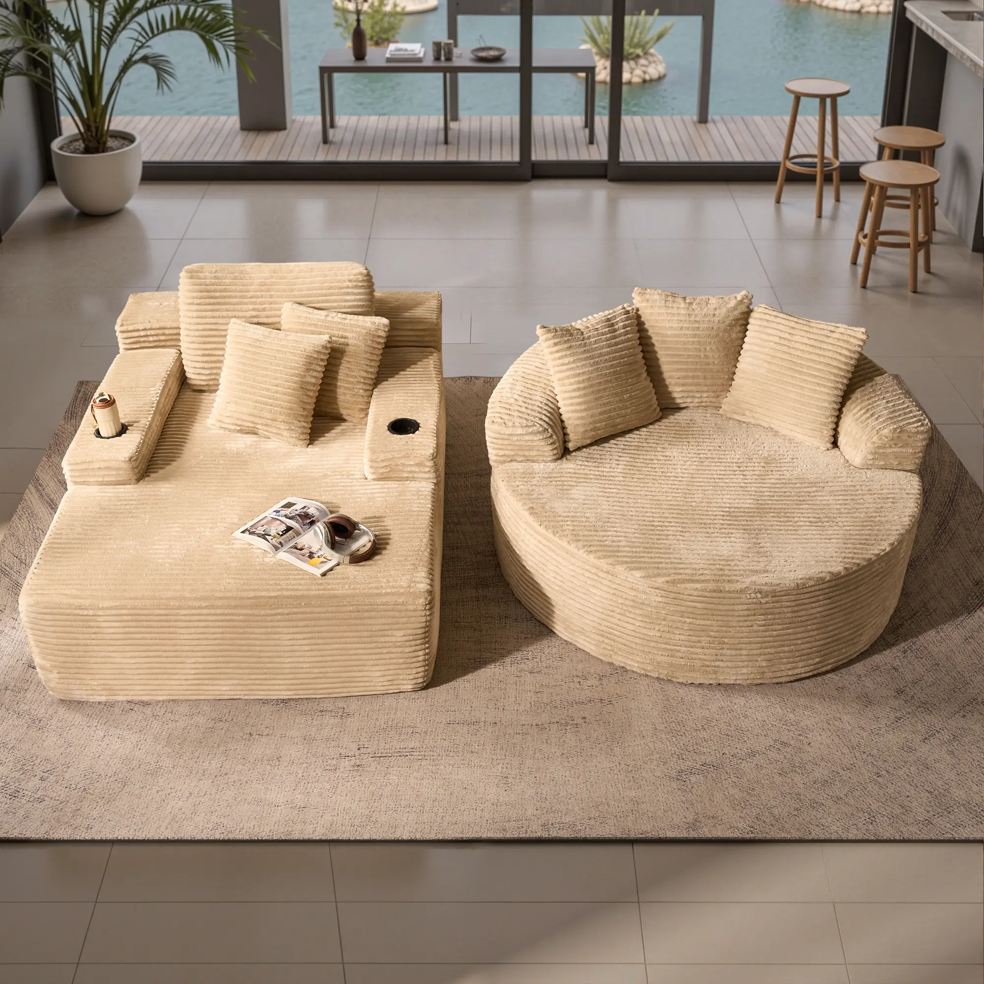 【2 Packages Shipping】67‘’ Boneless Chaise Lounge and 58'' Round Couch -Sofa Set with Flexible Configuration, Plush Corduroy Cloud Fabric,No Assembly Required, 2 Seater