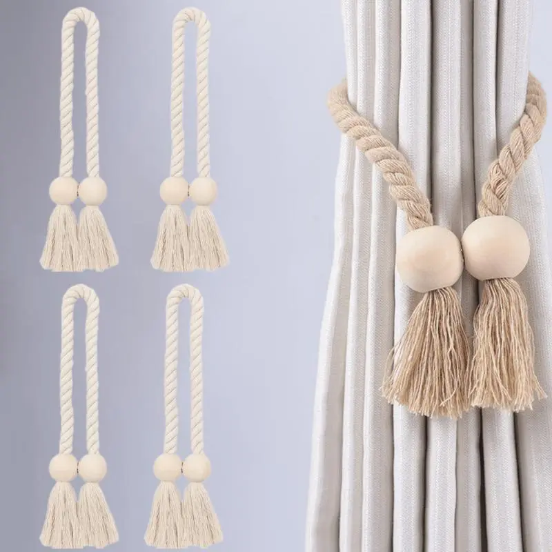 4-Pack Magnetic Curtain Tiebacks - Cotton Rope Hand-Woven Decorative Holdbacks with Adjustable Length, Elegant Colors, Strong Magnetic Clips, No-Tool Installation for Homeowners, Window Decor