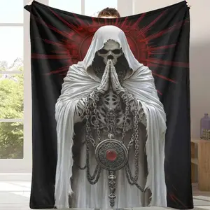 Grim Reaper Flannel Blanket Skull & Chains Motif Lightweight Cozy Warm Perfect for Gothic Home Decor Halloween Parties Day of The Dead Unique Gifts Breathable   Soft Themed Holiday