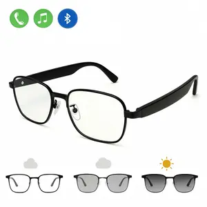 Bluetooth Audio Smart Glasses with Full Metal Frame Photochromic Lenses for Sunlight Darkness Surround Sound Microphone Wearable Wireless Black