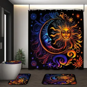 LVRLVR 4Pcs Sun Moon Celestial Print Bohemian Mystical Multi-Color Shower Curtain Set 70.8×70.8 Inch
