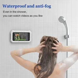 360° Rotatable Waterproof Wall-Mounted Cellphone Stand, Adhesive Plastic Phone Holder Accessory, Angle-Adjustable, Touch Screen Compatible, Upgraded, Fits Up to 6.8 in Smartphones for Bathroom, Kitchen (With Protection)