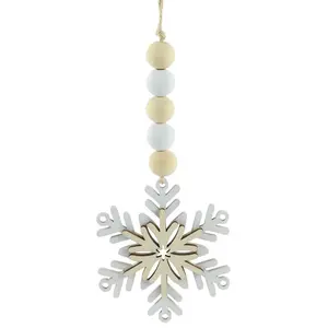 8"L Wood Bead/Snowflake Ornament  Natural/White  XA118218