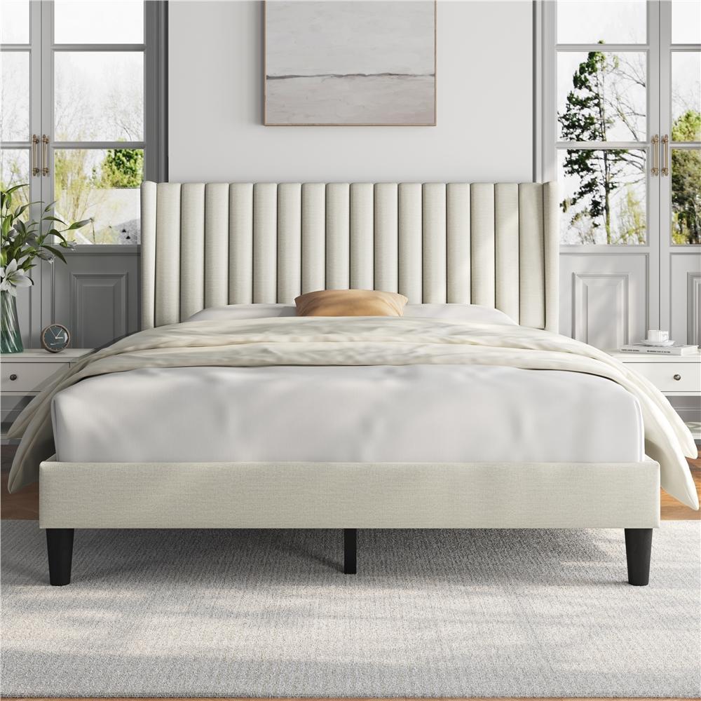 Yaheetech Linen Fabric /Velvet Upholstered Bed Frame Full/Queen/King with Wooden Slat Support, No Box Spring Needed, Durable Construction, Easy Assembly Furniture Bedroom Beige Headboard, Modern Platform Bed, Upholstered Headboard