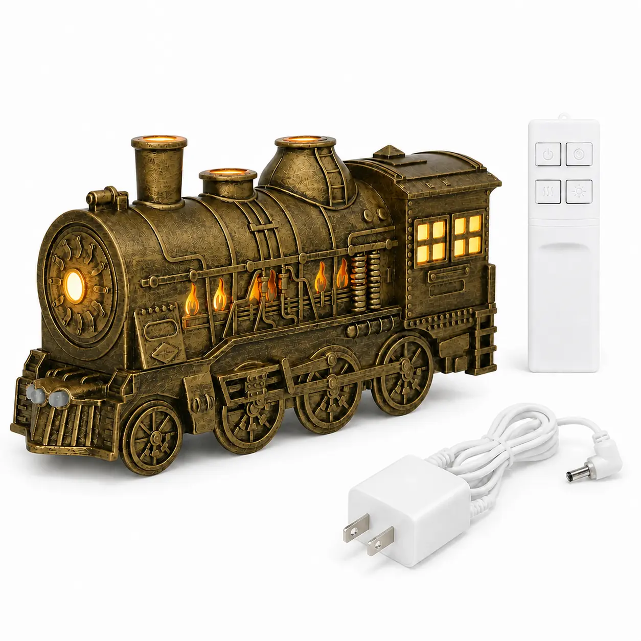 FableGlow Vintage Bronze Train Aroma Diffuser with Remote Control, Cool Mist Humidifier with Warm LED Lights, US Plug, Bedroom & Living Room Decor, Christmas & Birthday Gift
