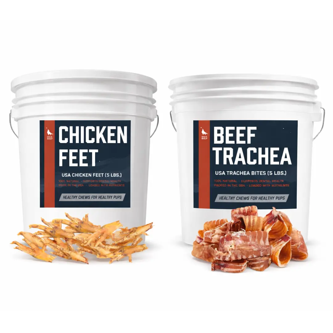 Happy Chewer Bucket Bundle - Beef Trachea Bites (5 Pounds) and Chicken Feet (5 Pounds) - Huge Bulk Dog Chew Deal! - Single-ingredient, Air-Dried Dog Treats - High in Glucosamine and Chondroitin to Support Healthy Joints - Great for Dogs of All Sizes Summe