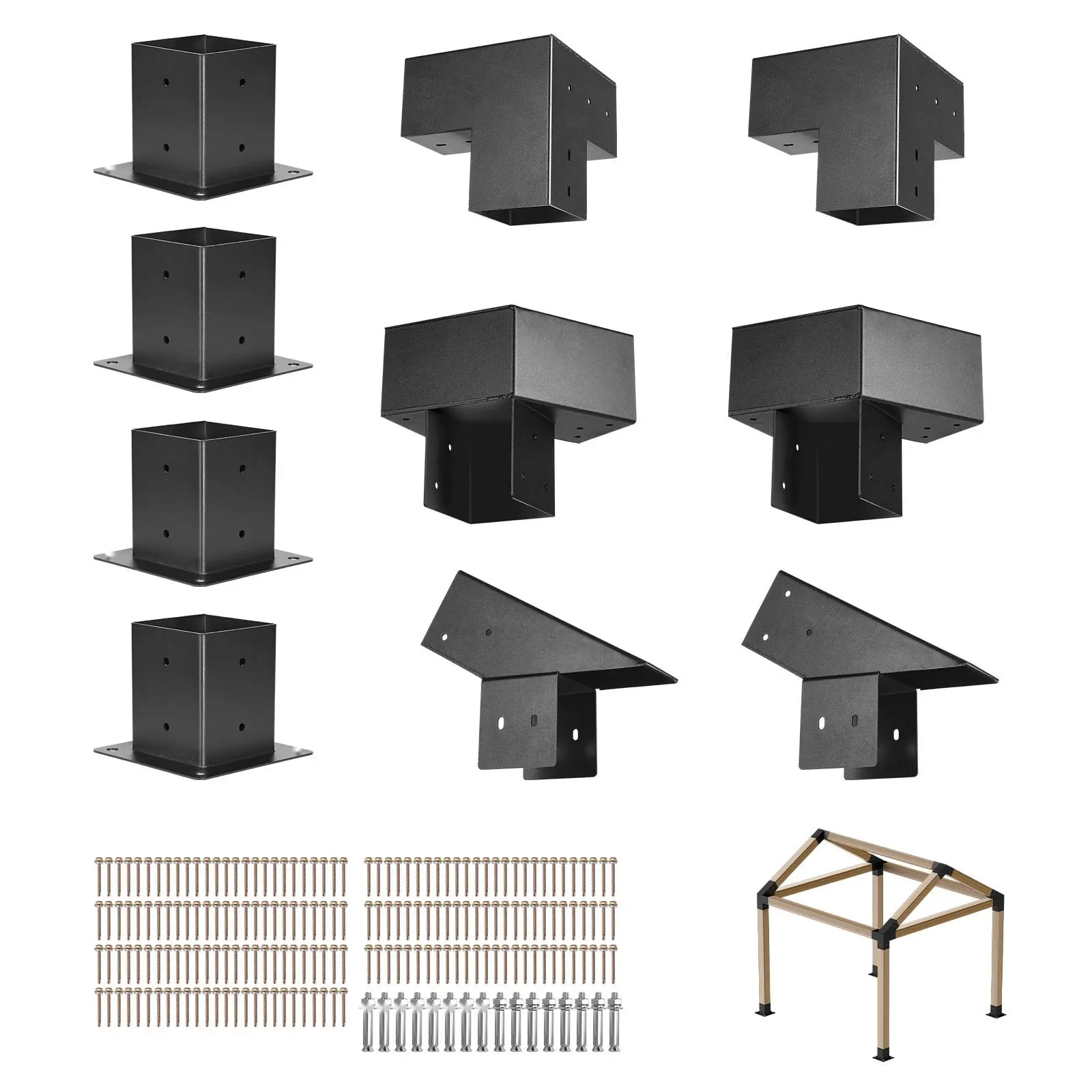4x4 Inch Pergola Bracket Kit with Inner 3.5x3.5 Inch Brackets, 3-Way and 4-Way Corner Mounts, Heavy-Duty Galvanized Steel Hardware for Outdoor Gazebos, Pergolas, Decks and Patio Structures, Easy Assembly