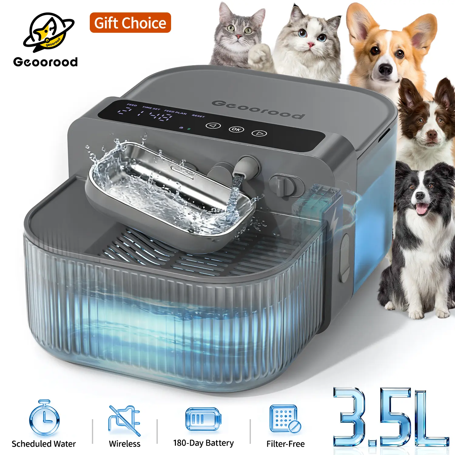 【Geoorood】Automatic Wireless Stainless Steel Pet Water Dispenser – Wastewater Separation, 3.5L + 2L Water Tanks, , Timed Water Refill (6 times) ,2000mAh Battery (6 months without recharging), Removable and Washable Water Bowl #DealsforYouDays #SummerWins