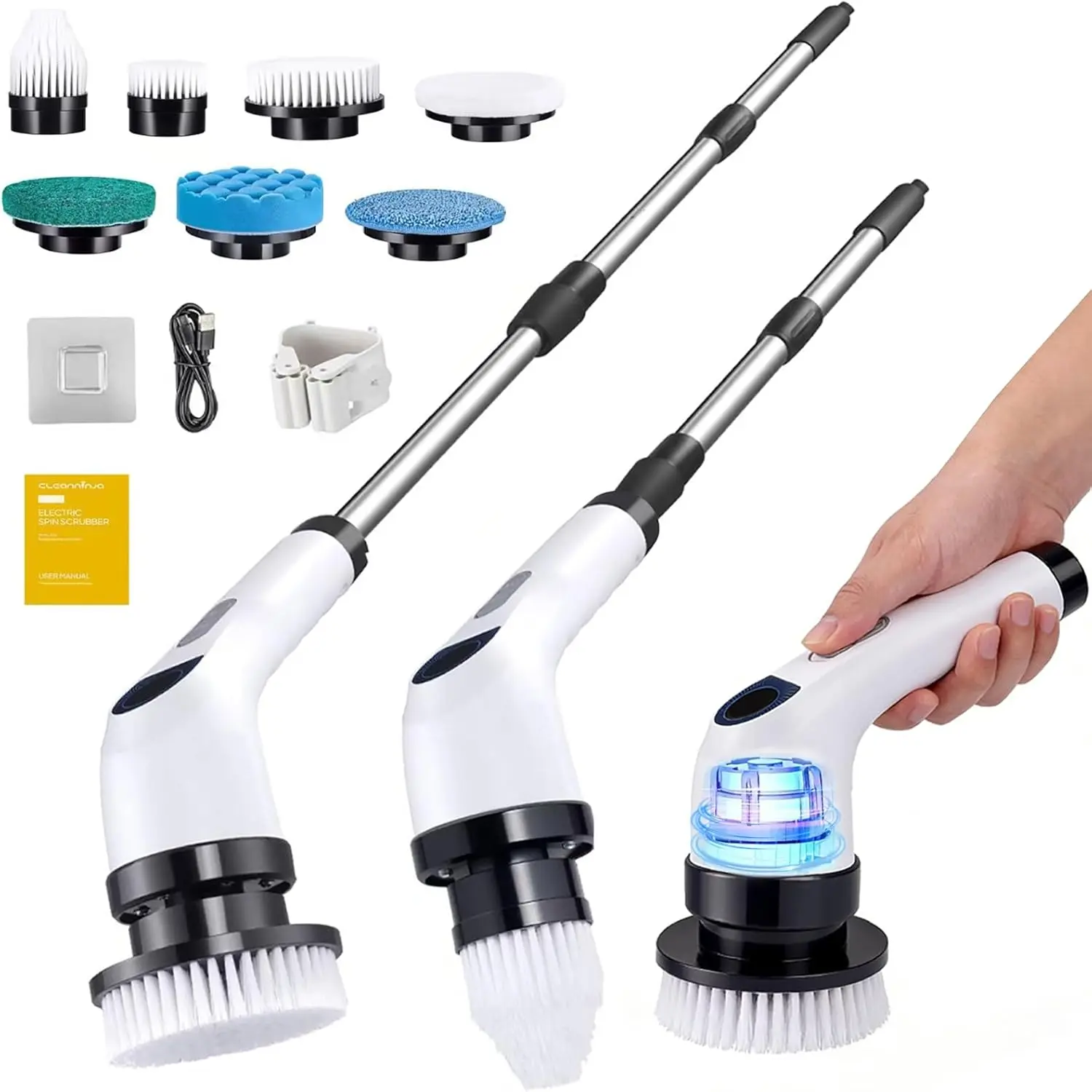 White Rechargeable Spin Scrubber Brush, Wireless Portable Electric Scrubbing Cleaning Brush for Modern Families - Adjustable, 2-Speed, IP67/68 Waterproof for Tub, 7 Heads for Tasks, Power LED Display, Multi-Surface Cleaner for Bathroom, Kitchen