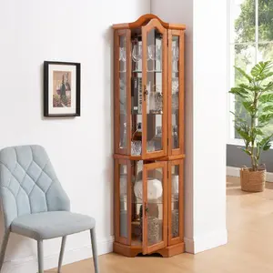 Bellemave Lighted Antique Corner Cabinet - Cherry, MDF & Glass Construction, Tempered Glass Doors, Adjustable Removable Shelves, Bulb-Included Heavy Furniture (Over 25 kg), Easy-Install Indoor Storage for Living Room, Bedroom, Antique Cabinet
