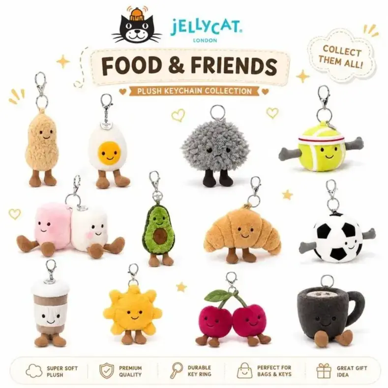 Collectible Jellycat Super Soft Plush Keychains - Bag Charm with Mini Dogs, Bunnies, Food Friends - Lively Accessory for Personal Belongings