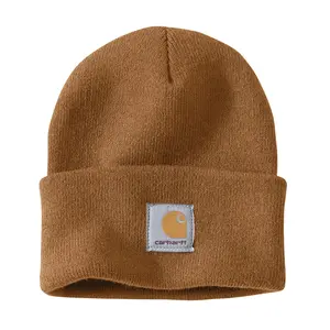 Carhartt A18 Durable Watch Beanie - Brown Acrylic Knit Ribbed Headgear, Fold-Up Cuff with Cuff Patch, Men's Essential Accessory, Unisex Gift, Imported Workwear Hat
