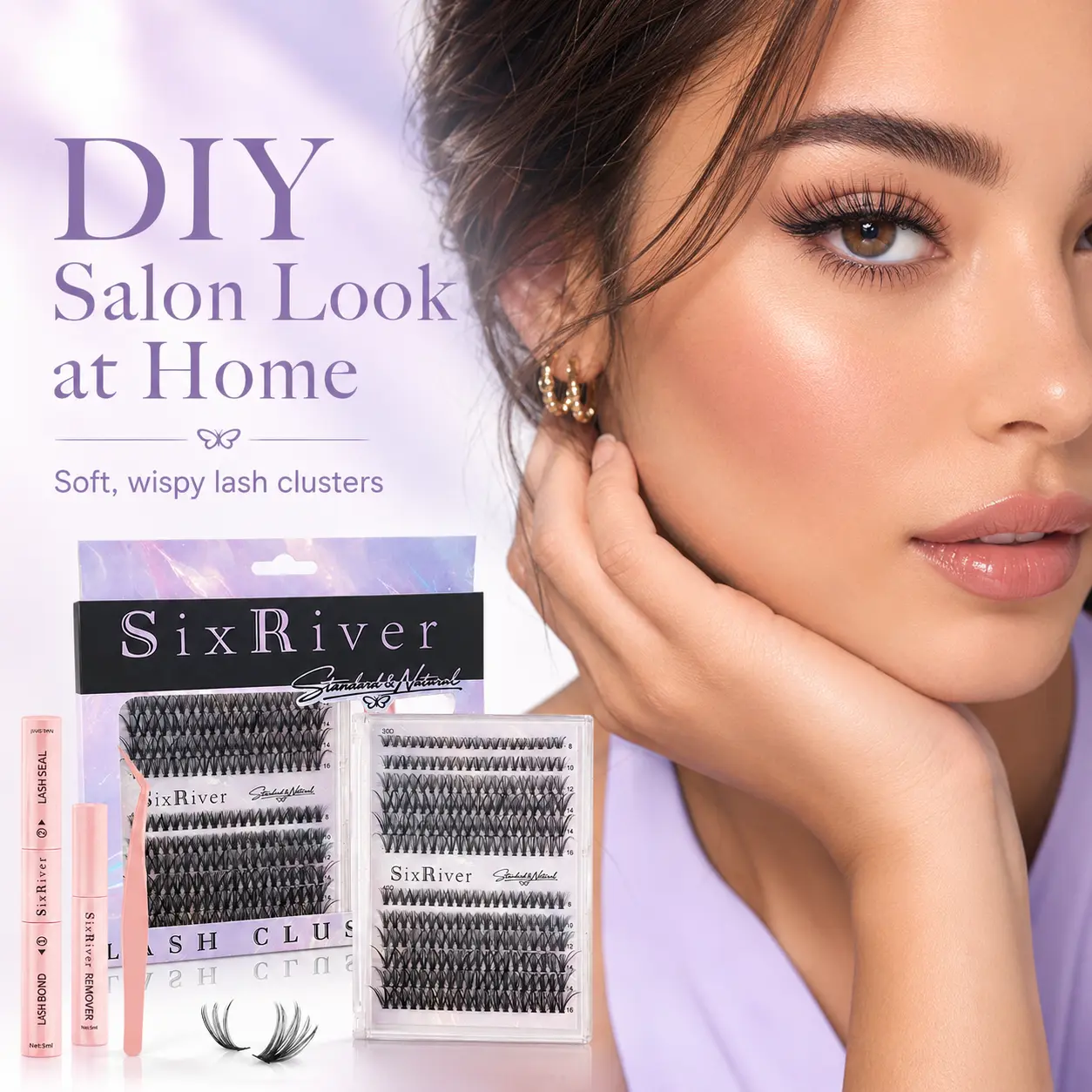 SixRiver DIY Lash Clusters Kit, Wispy Natural Cluster Lashes with Bond & Seal, Remover & Applicator for At Home Lash Extensions