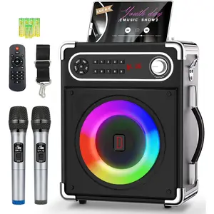 Karaoke Machine, Portable Bluetooth Speaker with 2 Wireless Microphones, Bass/Treble Adjustment, PA System with Remote Control, Lights, Supports TF Card/USB, AUX in,TWS,FM,REC Party Home