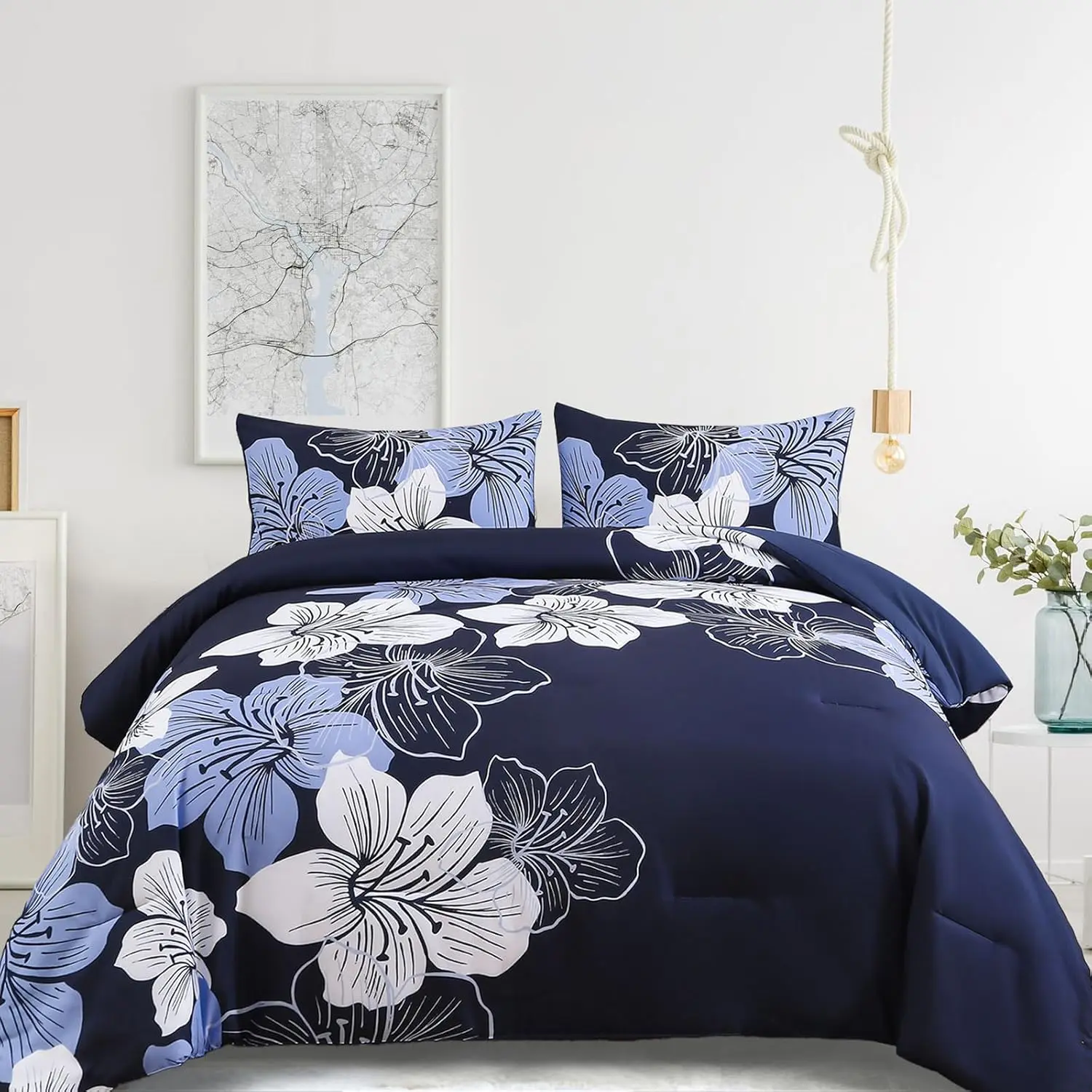 Queen Comforter Set Navy Blue Floral Bedding Comforter Sets - Soft Microfiber Bed Comforter Set for All Season, 3 Piece Botanical Flowers Comforter, Pillowcases