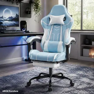 Ergonomic Leather High Back Gaming Chair - Blue-White Office Computer Chair with Curved Back, Quilted Stitching, Lumbar Support, Lumbar Massager, Footrest, 330lbs Weight Capacity