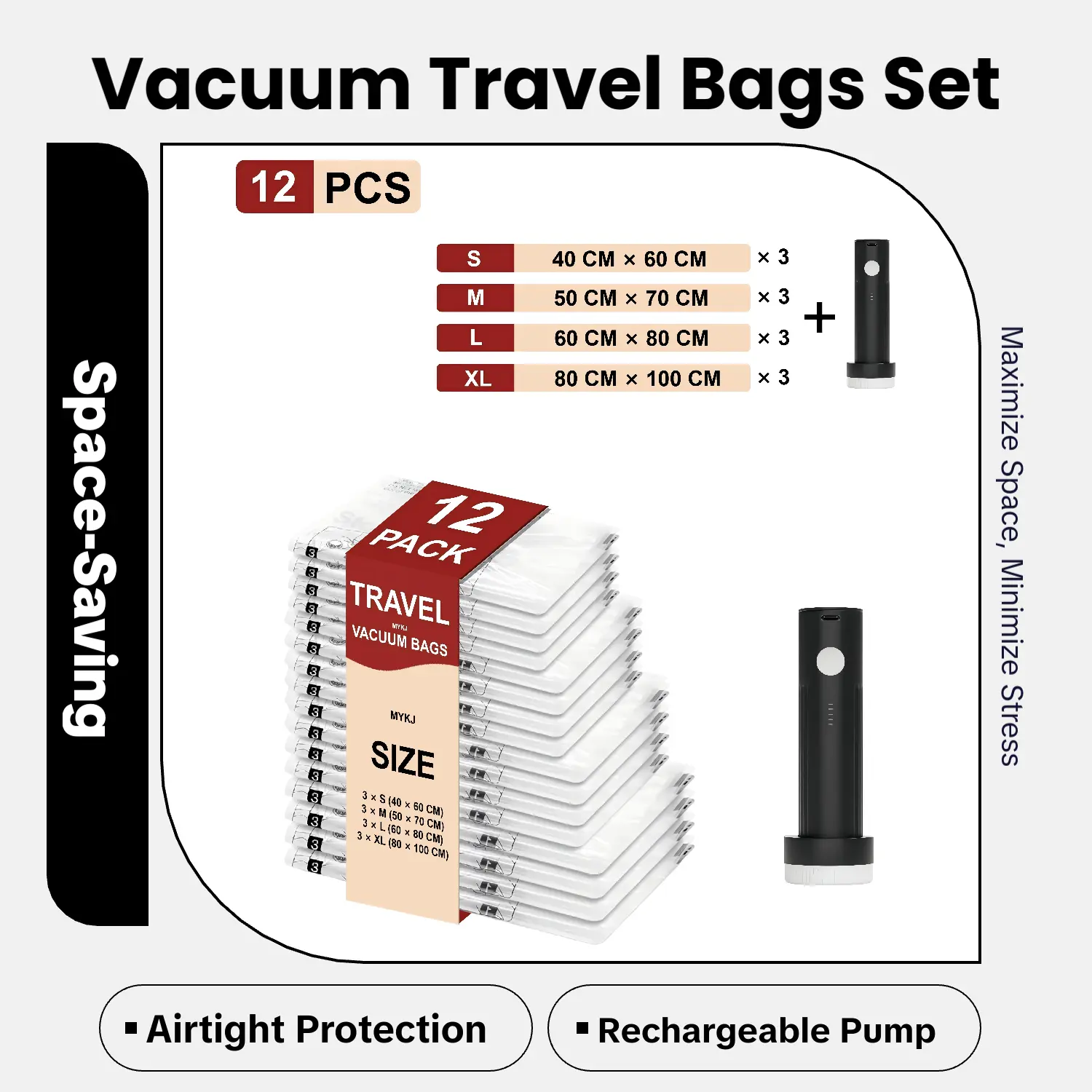 Travel Vacuum Bags with Portable Electric Pump, 12 Combo (3XL/3L/3M/3S) Compression Packing Seal Cubes for Clothing Suitcase Luggage Organizer, Space Saver Clothes Storage Bags