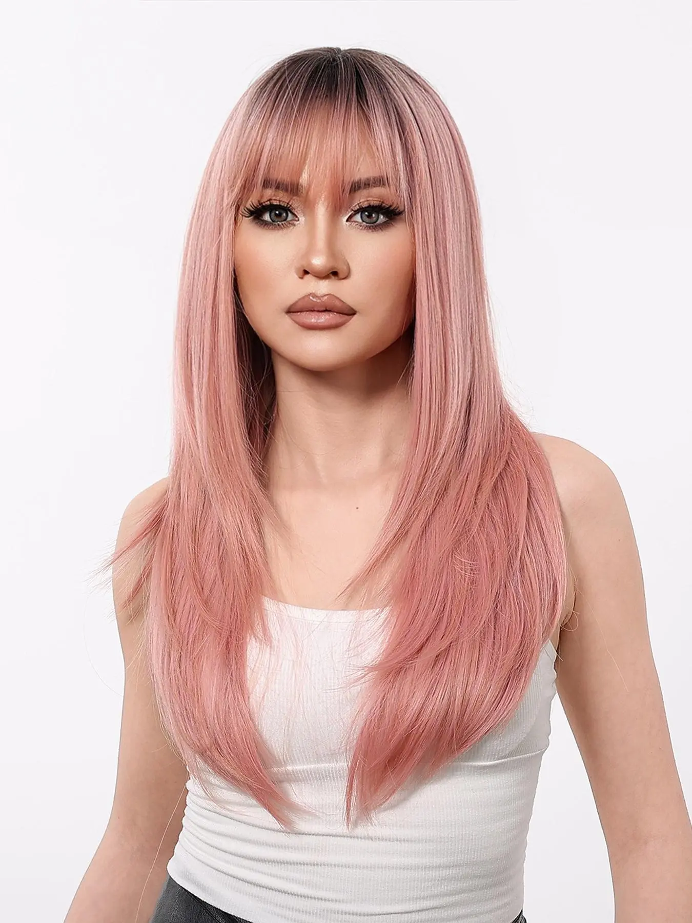 24 Inch Pink Long Straight Synthetic Hair Wigs for Women, Gorgeous Fluffy Wigs with Bangs, Synthetic Full Machine for Party, Daily Use, Artificial Wig