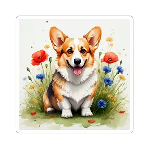Corgi Kiss-Cut Sticker — Wildflower Field