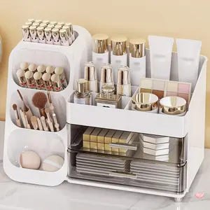 Large Makeup Organizer with Drawers, Spacious Cosmetics Display Case with Brush Holder for Vanity, Skin Care Storage Solution for Lipstick Eyeshadow Palettes Beauty Essential Bathroom