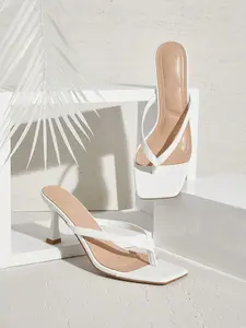 Women’s Kitten Heel Square Toe Thong Sandals – Comfortable Black Backless Heels for Spring & Special Occasions