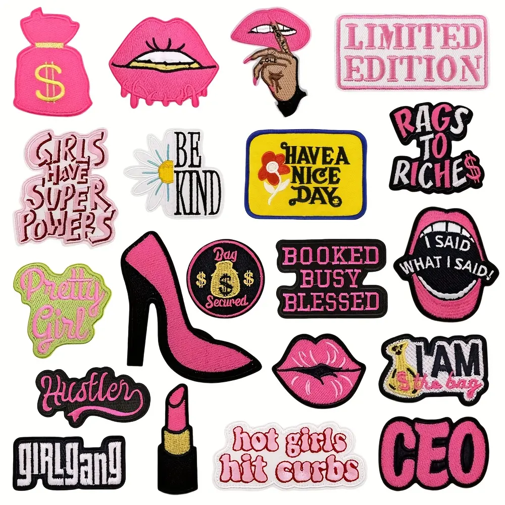 20pc Hot Pink Embroidered Patches for Women, Aesthetic Iron-On Accessories for Jackets, Hats & Backpacks, Simple Styling, Iron-On Makes Styling Simple, Polyester, Embroidery, Female, Various Shapes, Hot Pink Iron-On Patches