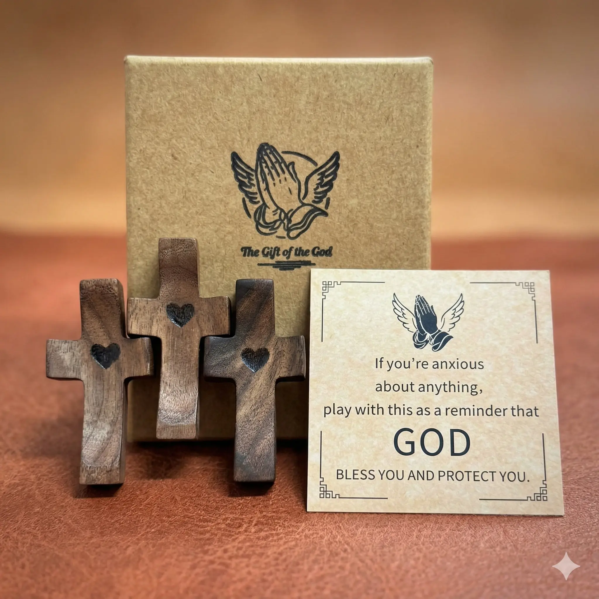 Pocket Prayer Cross Wooden Christian Gift Set, 3 Pack Walnut Finger Cross with Blessing Card, Faith Reminder for Prayer, Encouragement Gift for Mom Dad Family Friends, Small Religious Gift to Carry God's Love Everywhere