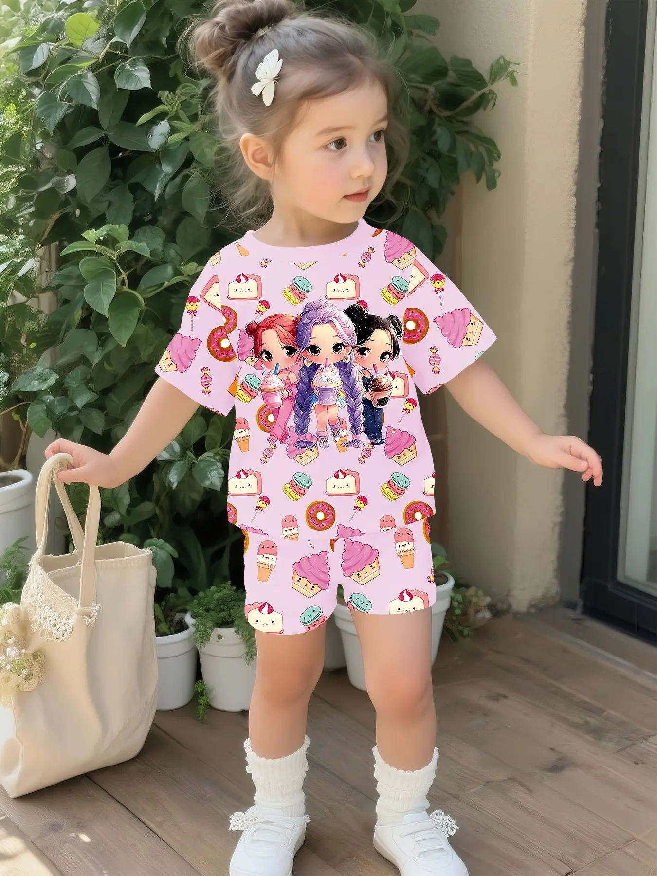 Digital printed infant and toddler girls' short-sleeve suit, Cute Graphic Print Set, from the Dessert Kingdom Princess Collection, made of 100% polyester, casual wear, suitable for daily and outdoor sports T-shirts, Clothes Kids