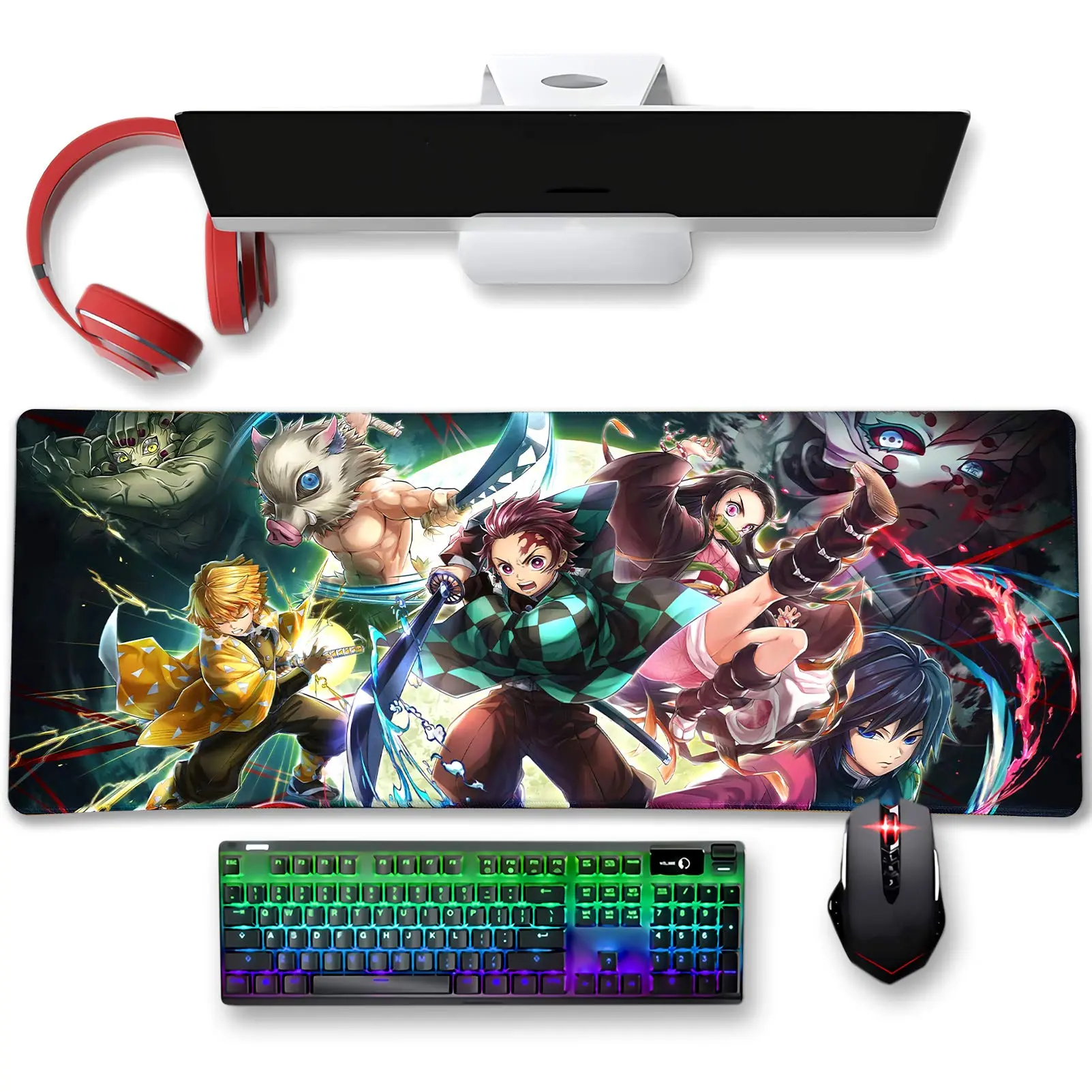 Demon Slayer Gaming Mouse Pad for Desk 31.5x15.75 Inch Anime Desk Pad with Non-Slip Rubber Base Stitched Edge Desk Organizers and Accessories Desk Decor