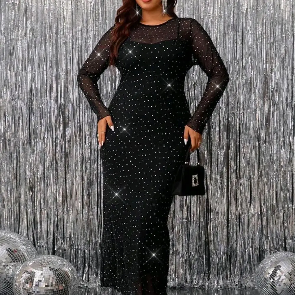 2-Piece Dress Set,Black Elegant Sequin Rhinestone Mesh Tight Long Skirt&Knitted Suspender Dress,Formal Autumn Night Out