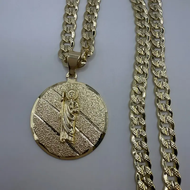 Gold Plated San Judas Tadeo Necklace 24" Diamantada Cuban Chain Eye-Catching Design Costume Jewelry Durable Long-Lasting