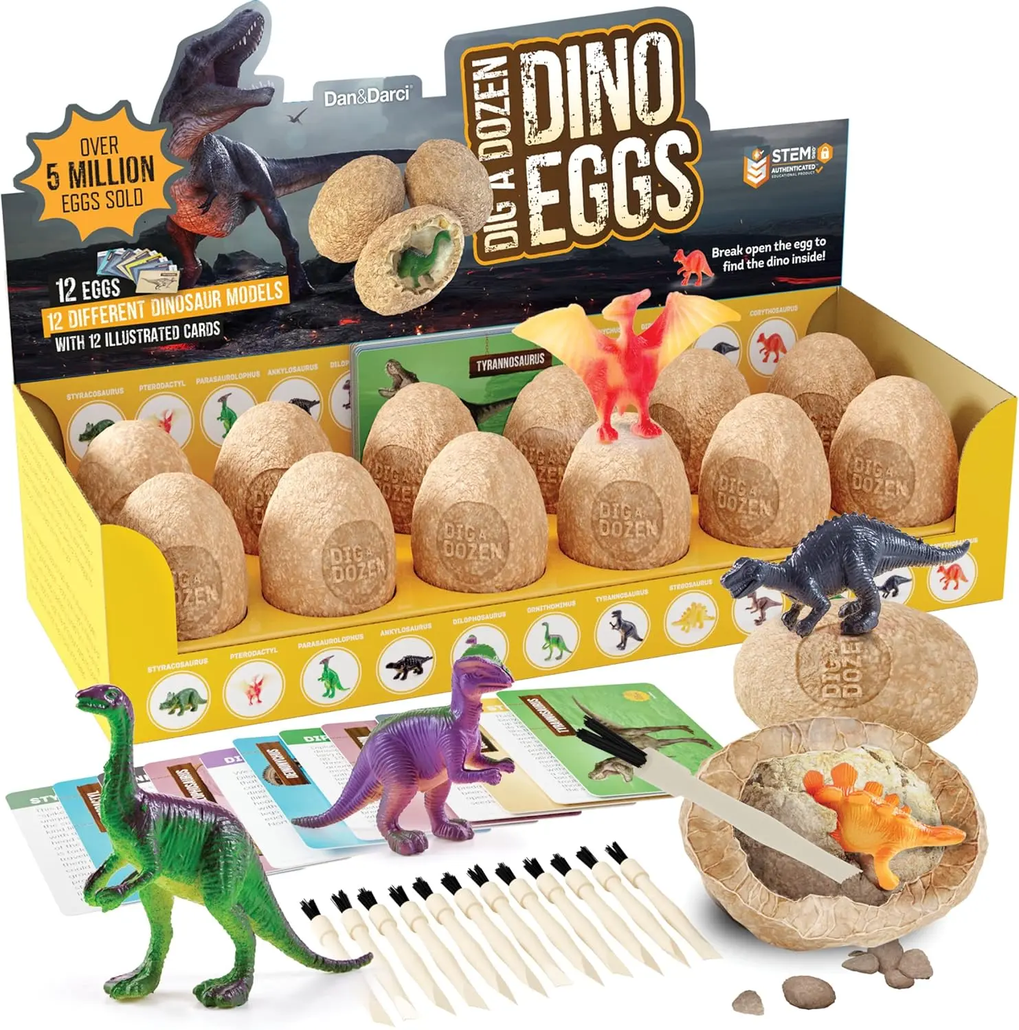 Dan&Darci Dinosaur Eggs Set - 12 Capsule Dino Eggs, Chisels, Learning Cards for STEM Excavation Toy Fun, Capsule Kit