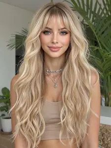 26 Inch Gradient Long Wavy Wig with Bangs, Stylist Friendly Wig, High-Temperature Synthetic Hair for Natural Everyday Wear, Suitable for All Seasons, Synthetic Hair Wigs