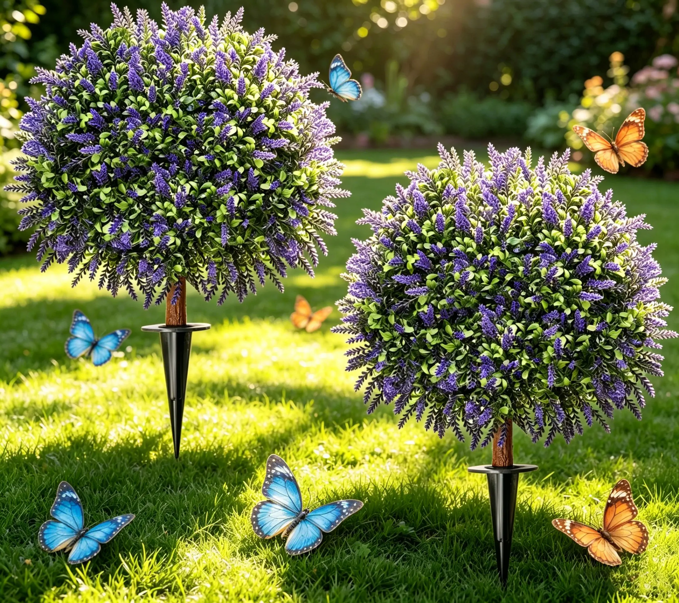 Dense Foliage Artificial Lavender Topiary Ball Trees 24 Inch, 2 Pack UV Resistant Fake Plants Outdoor, Faux Bushes with Ground Spike for Garden, Patio, Porch, Yard Decor