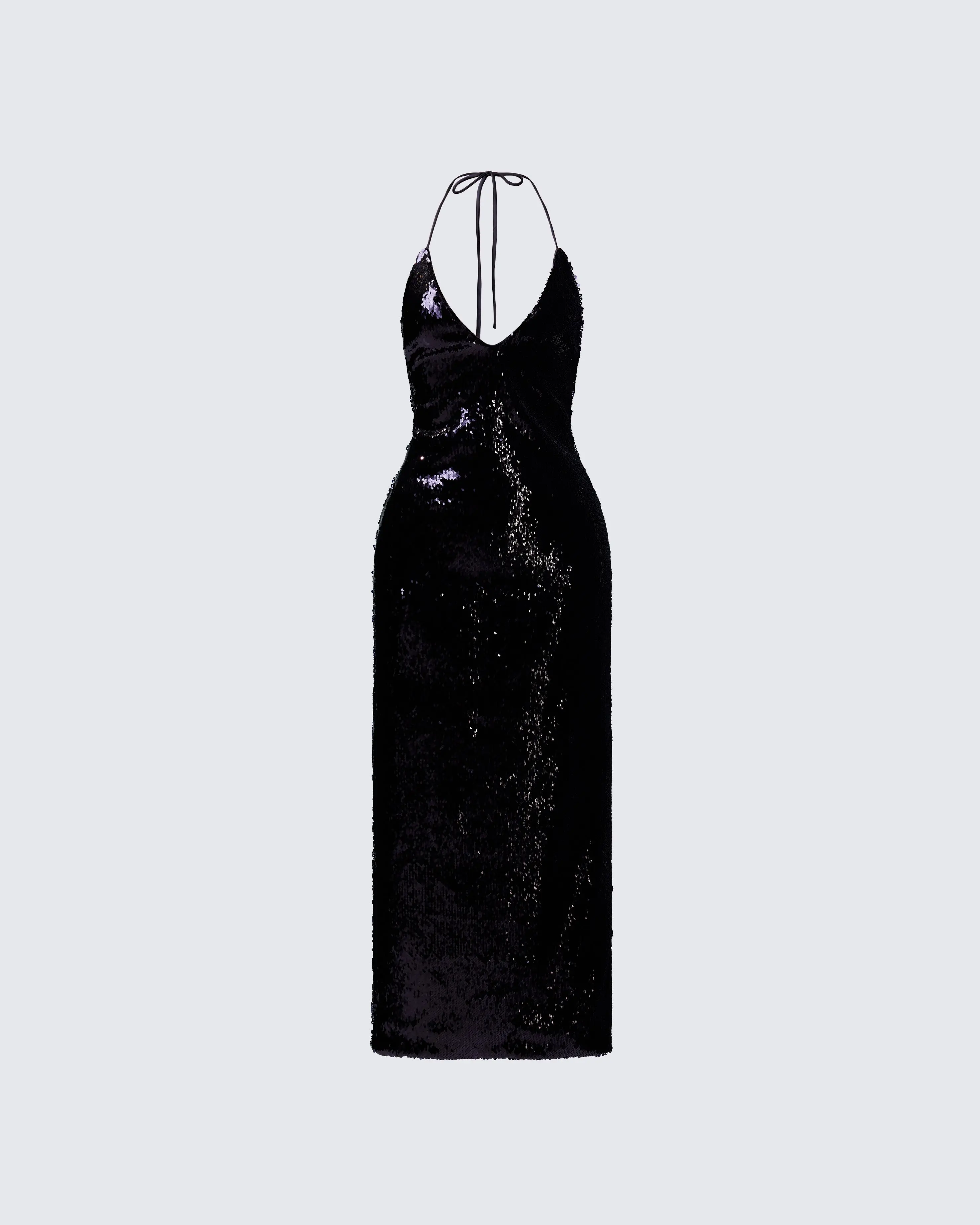 Women's Khadija Black Sequin Halter Bodycon Fitted Polyester Formal Pencil Midi Dress