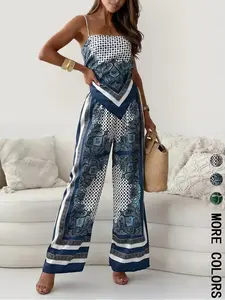 Two-piece Set Women's All Over Print Fitted Spaghetti Strap Cami Top & Wide Leg Pants, Boho Sleeveless Top & Pants for Beach Vacation Holiday, Ladies Summer Clothes, Matching Clothing Set, Summer Outfit Set, Womenswear