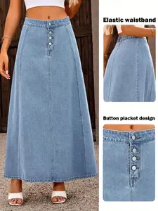 Women's Casual Fashion Denim Skirt, Simple Button Design Mid-Waist Jean Half Skirt, Daily Wear Ladies' Clothing