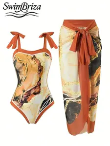 Briza｜Women's 2 Piece Marble Print One Piece Swimsuit Set - Tie Shoulder Tummy Control Bathing Suit With Orange Chiffon Sarong Cover Up, Swimwear For Beach Vacation
